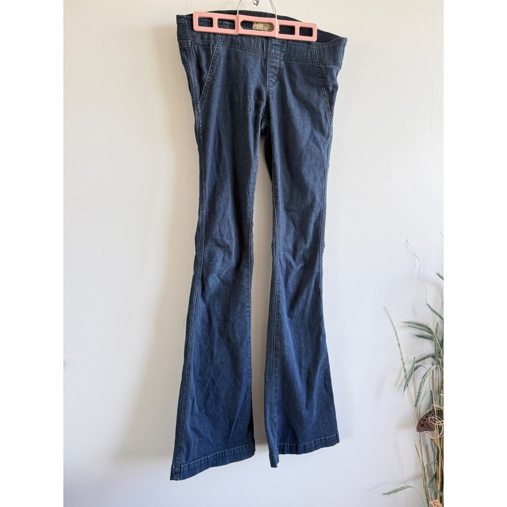 Free People Pull On Flare Jeans Dark Wash Blue Elastic Waist‎ Womens Size 26